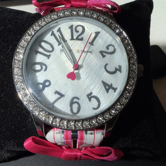 Betsey Johnson watch with a fuchsia plaid strap and crystal-accented bezel main image 7